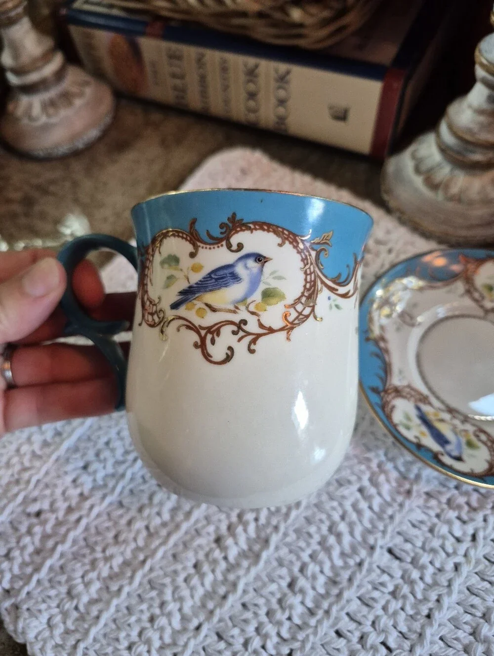 Vtg Gracie China Coastline Imports Teacup & Saucer Gold Scroll Blue Bird Pattern